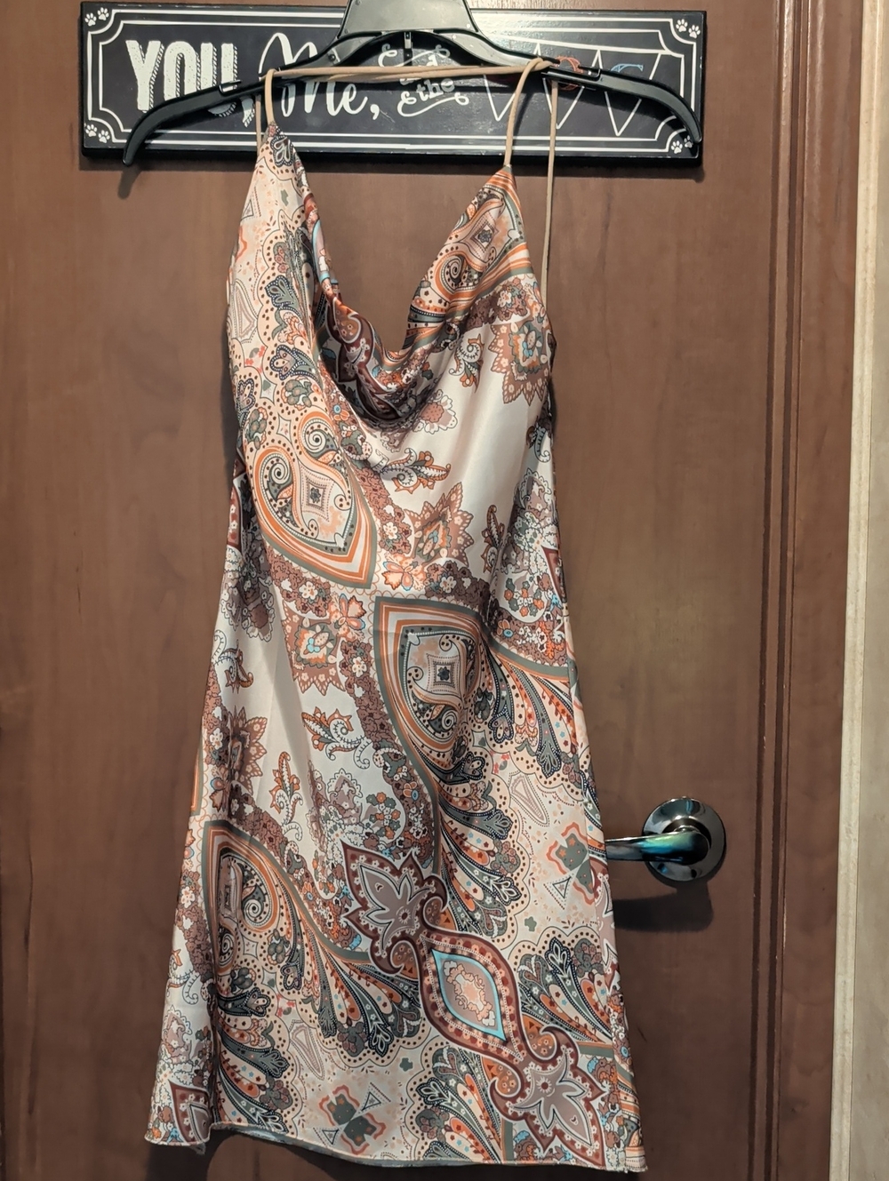 Venti6 Paisley Satin Slip Dress in Beige and Rust Tones